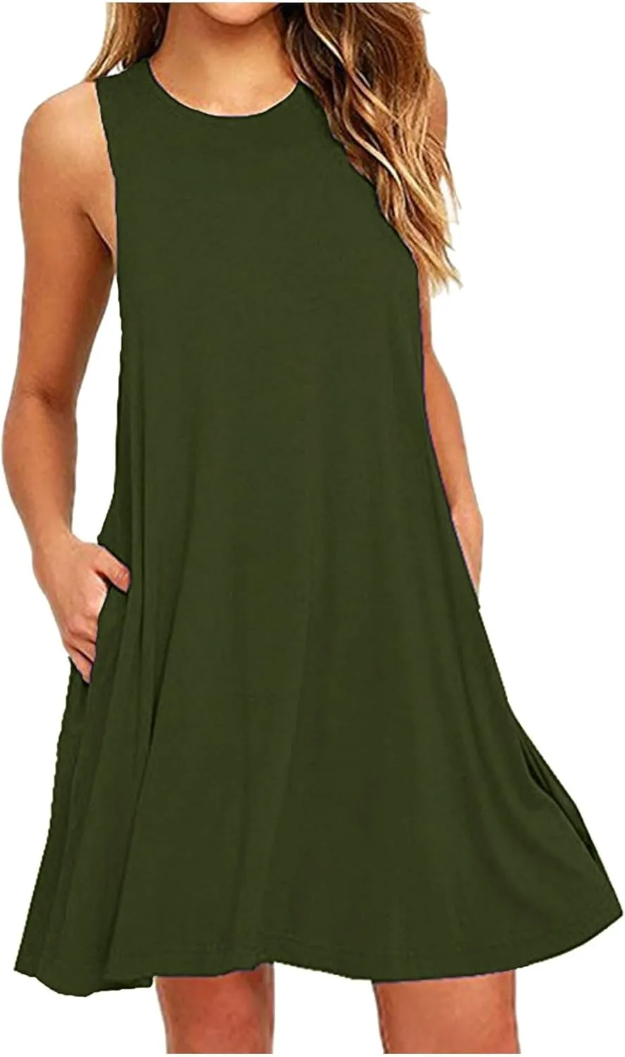 FZYLQY Women's Casual Tank Dress Sleeveless Summer A Line Swing Mini Dress with Side Pockets Loose Fit Comfy Beach Outfit