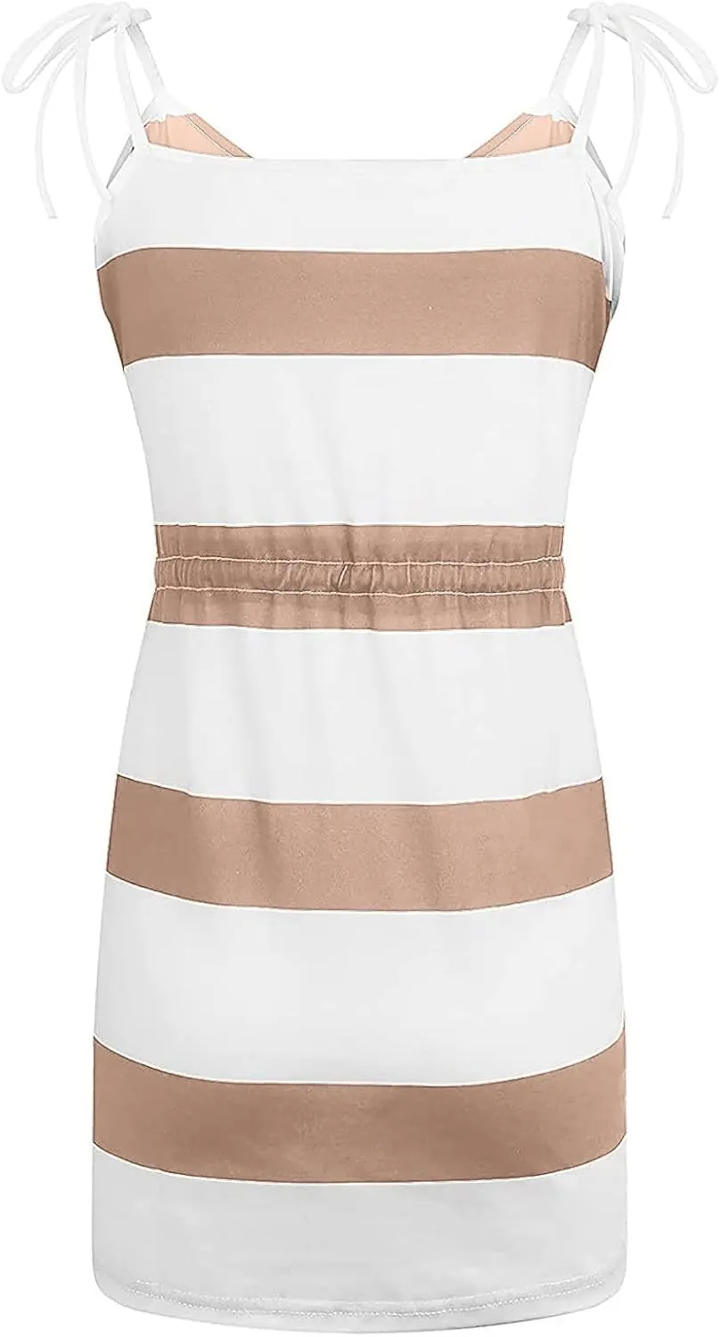 FZYLQY Womens Striped Sleeveless Mini Dress Casual Summer Tank Dress with Pockets and Drawstring for Beach Lounge Dresses