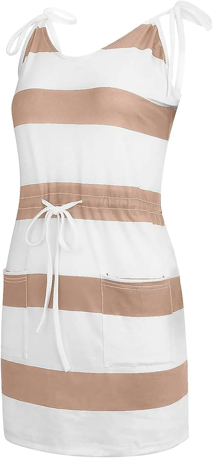 FZYLQY Womens Striped Sleeveless Mini Dress Casual Summer Tank Dress with Pockets and Drawstring for Beach Lounge Dresses