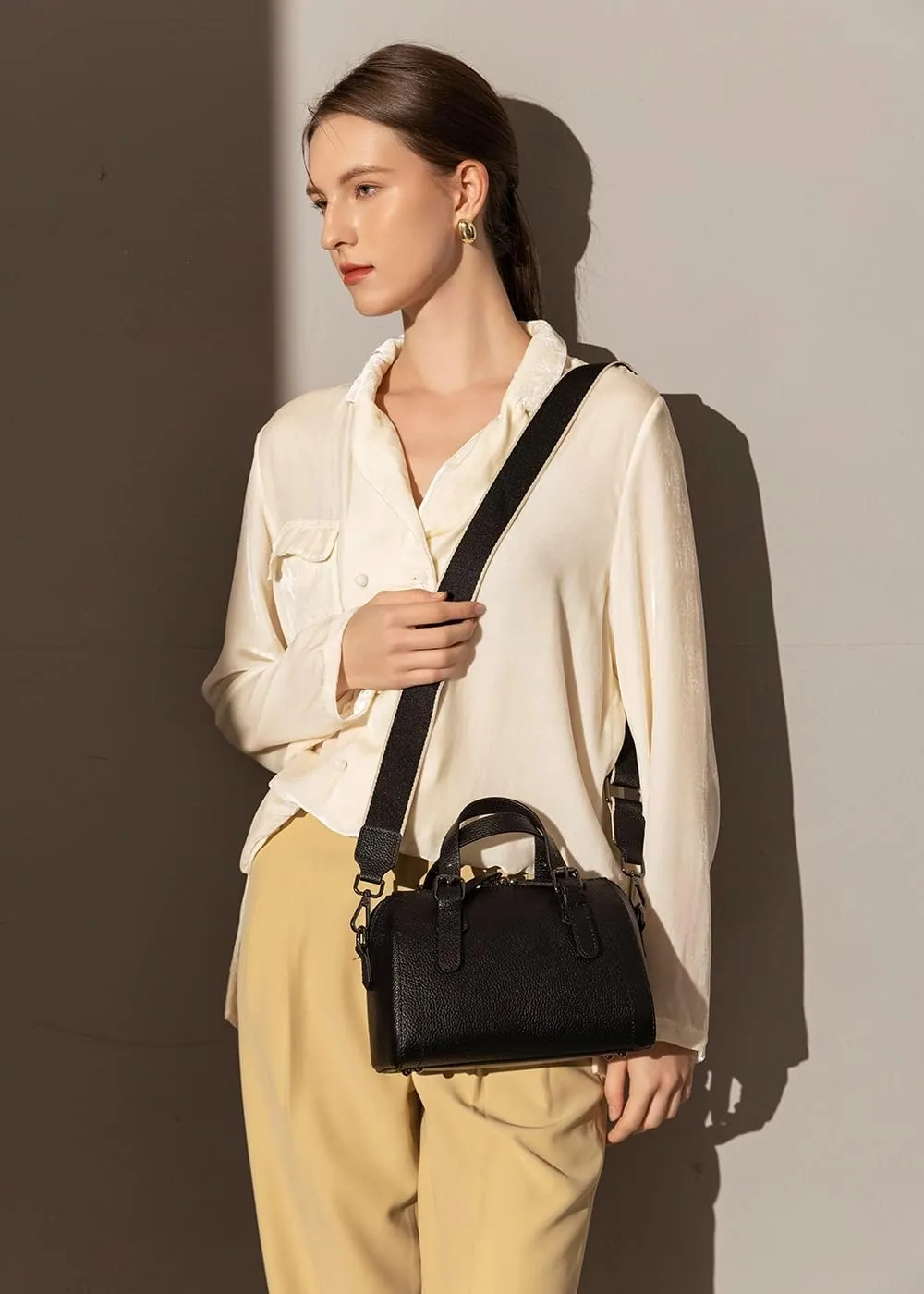 Genuine Cowhide Leather Boston Bag - Womens Lightweight Barrel Handbag