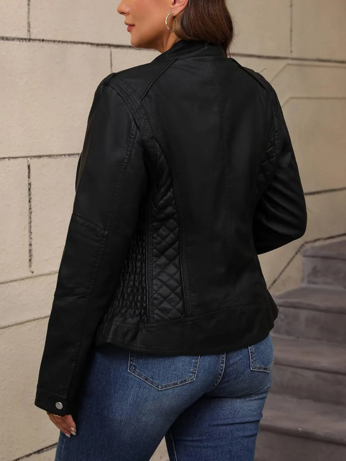 Geschallino Women's Faux Leather Jacket Plus Size Motorcycle Biker Clothes Outfits Short Fashion PU Coat (1X-5X)