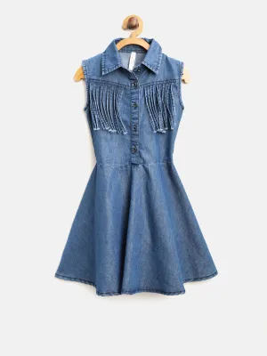 Girls Blue Denim Fringe Sleeveless Dress