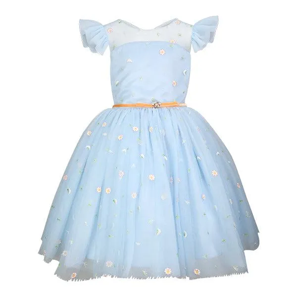 GIRLS BLUE FLORAL TULLE BALL DRESS