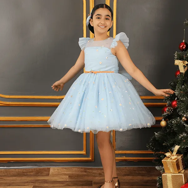 GIRLS BLUE FLORAL TULLE BALL DRESS