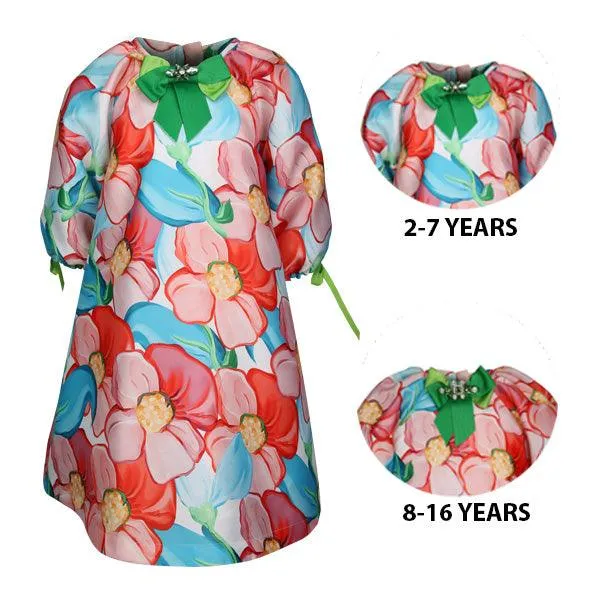GIRLS MULTICOLOR FLORAL DAMASK DRESS