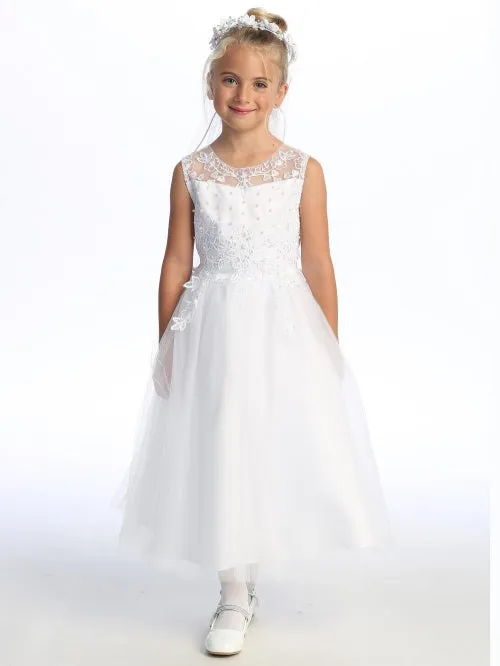 Girls Pearl Sequin Embroidered Tulle Tea Length Communion Plus Size Dress 8.5-20.5