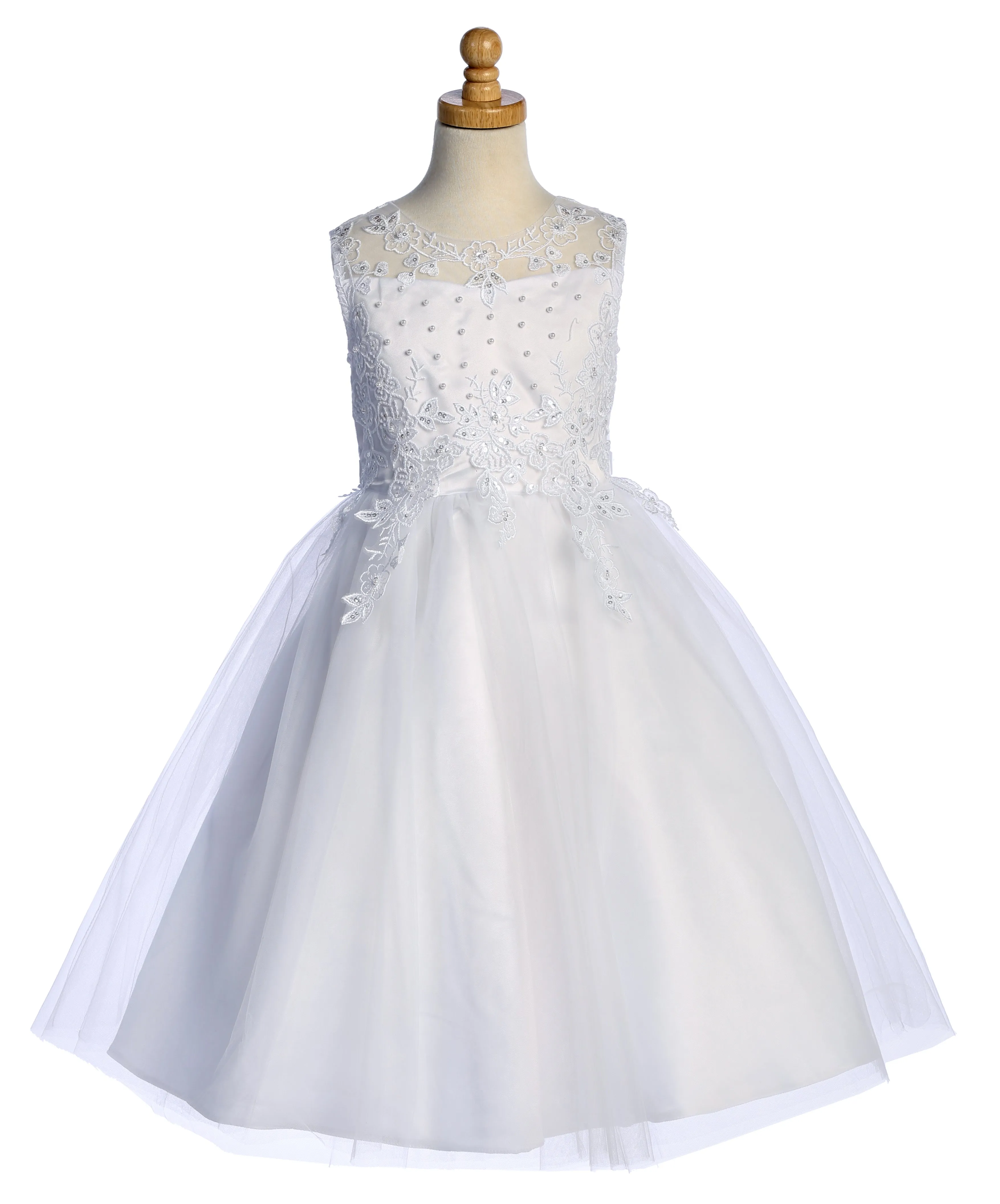 Girls Pearl Sequin Embroidered Tulle Tea Length Communion Plus Size Dress 8.5-20.5