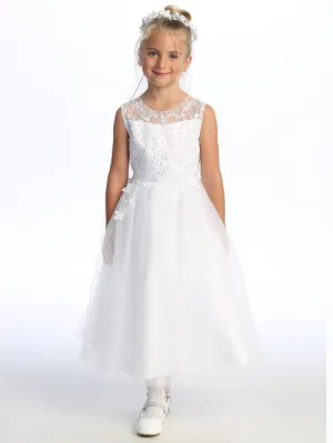 Girls Pearl Sequin Embroidered Tulle Tea Length Communion Plus Size Dress 8.5-20.5