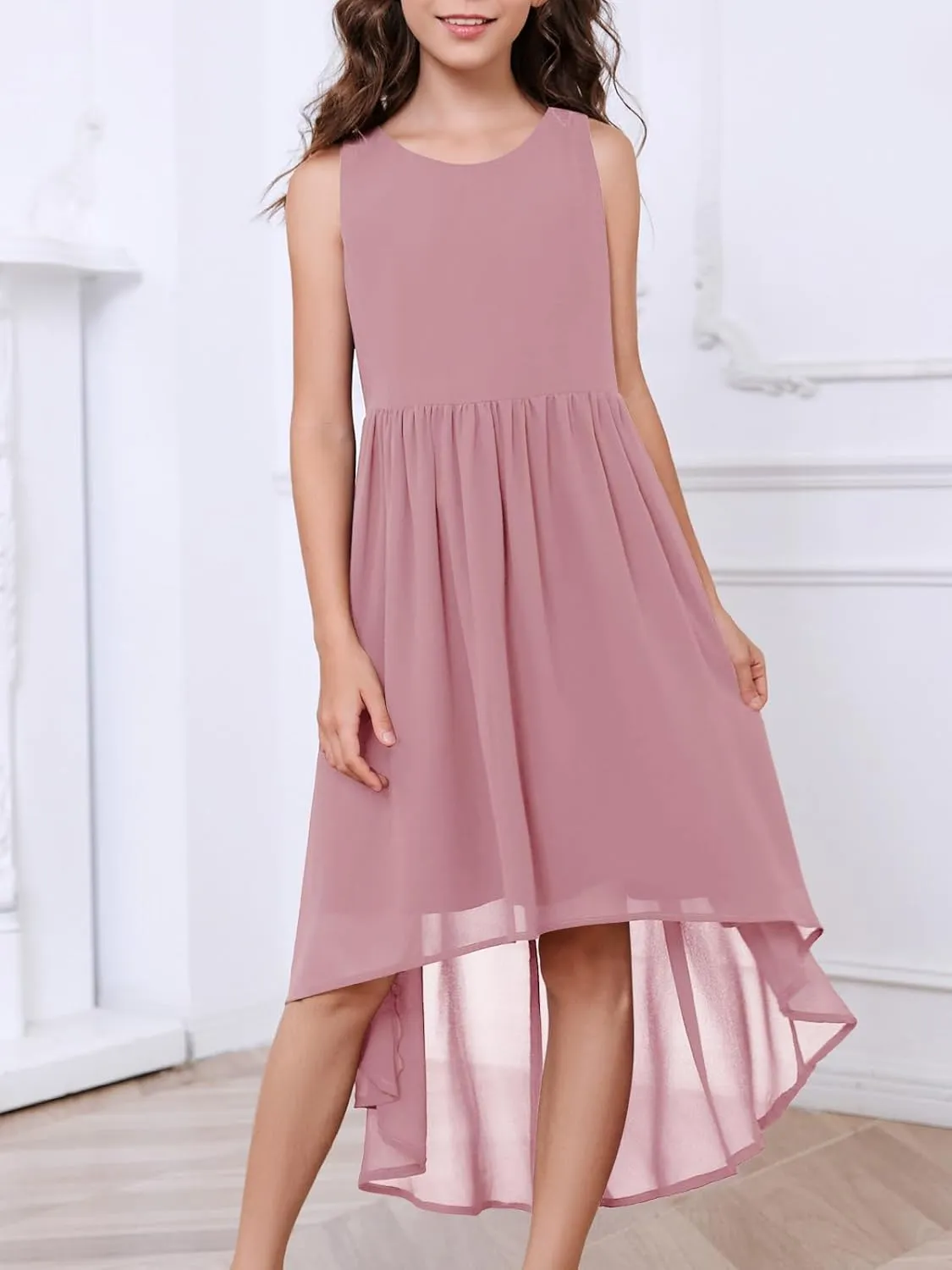 Girls Semi Formal Dress Kids Cute A-Line Crewneck Long Chiffon Wedding Prom Party Gowns