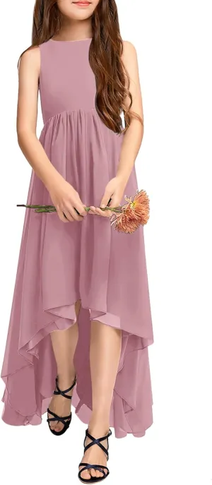 Girls Semi Formal Dress Kids Cute A-Line Crewneck Long Chiffon Wedding Prom Party Gowns