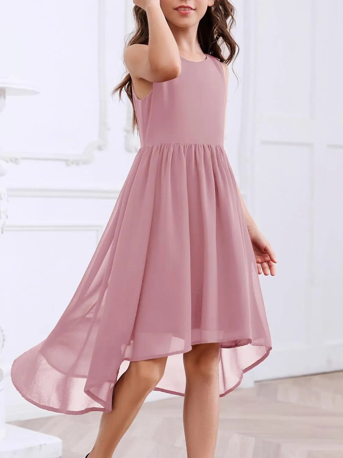 Girls Semi Formal Dress Kids Cute A-Line Crewneck Long Chiffon Wedding Prom Party Gowns