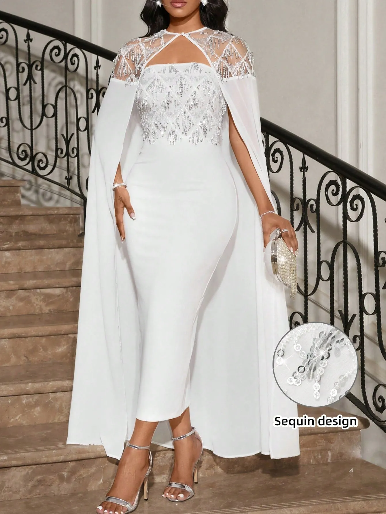 Glitter Fringe Long Poncho Cape And Fitted Elegant Dress