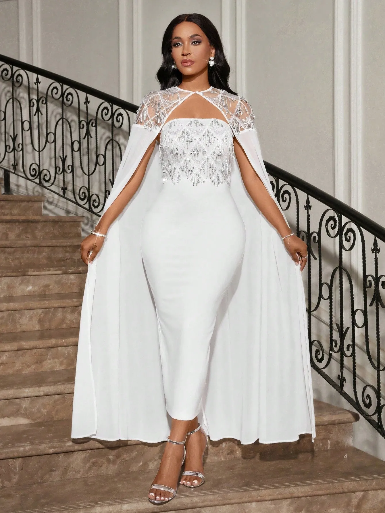Glitter Fringe Long Poncho Cape And Fitted Elegant Dress