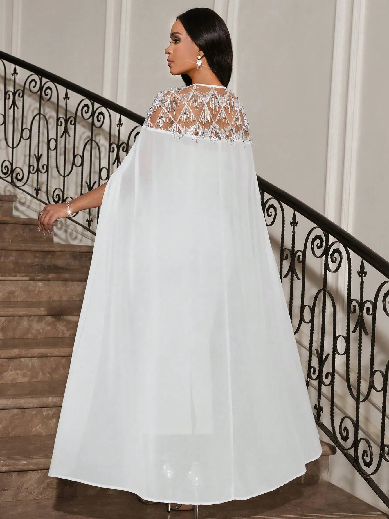 Glitter Fringe Long Poncho Cape And Fitted Elegant Dress