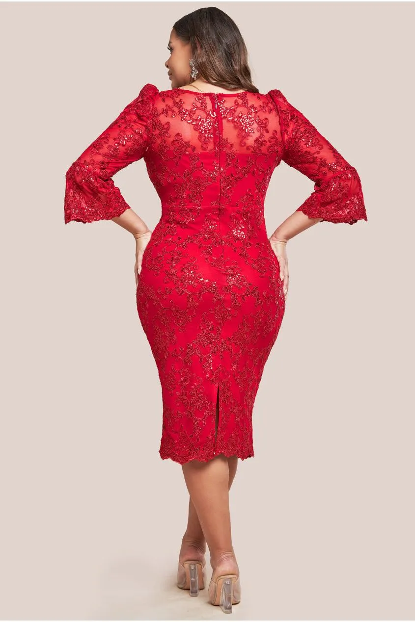 Goddiva Plus Scallop Lace Midi Dress- Red