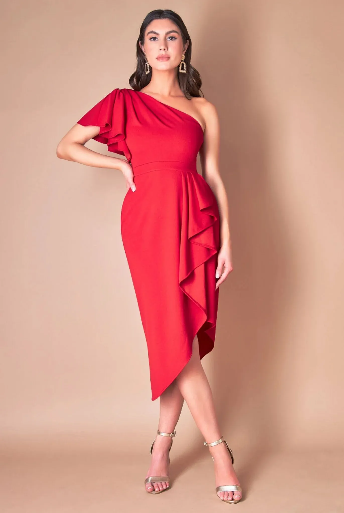 Goddiva Waterfall Sleeve Wrap Midi Dress