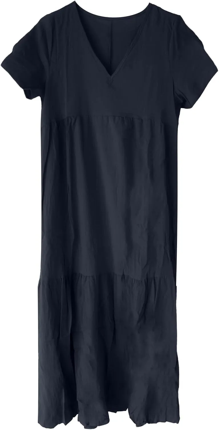 GOKKILRW Womens Oversized Baggy Flowy Maxi Dress Linen Summer Beach V Neck Casual Long Dress Plus Size Short Sleeve Dresses