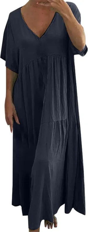 GOKKILRW Womens Oversized Baggy Flowy Maxi Dress Linen Summer Beach V Neck Casual Long Dress Plus Size Short Sleeve Dresses
