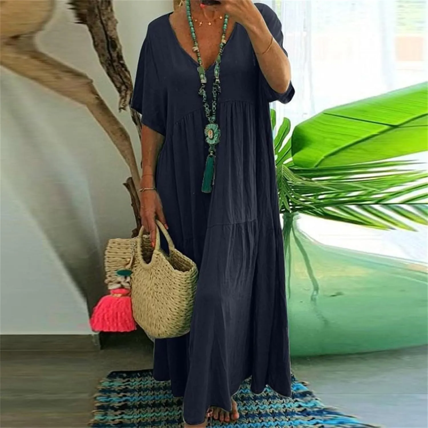 GOKKILRW Womens Oversized Baggy Flowy Maxi Dress Linen Summer Beach V Neck Casual Long Dress Plus Size Short Sleeve Dresses