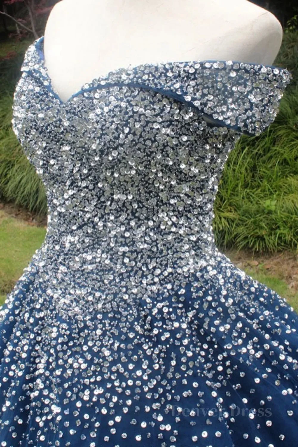 Gorgeous Off Shoulder Sequins Blue Long Prom Dress Shiny Sequins Blue Formal Evening Dress Blue Ball Gown