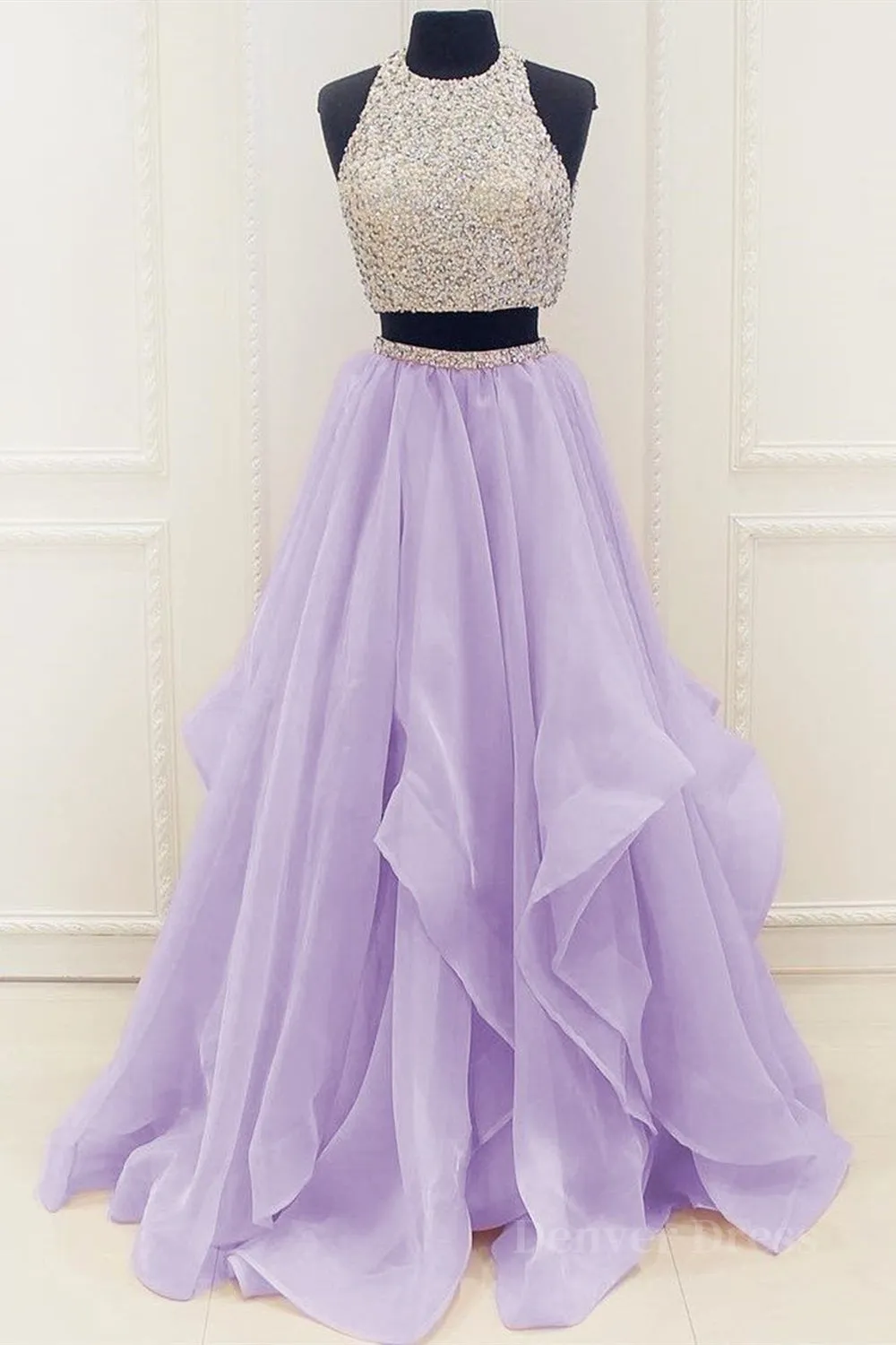 Gorgeous Round Neck Two Pieces Long Prom Dresses 2 Pieces Formal Evening Dresses