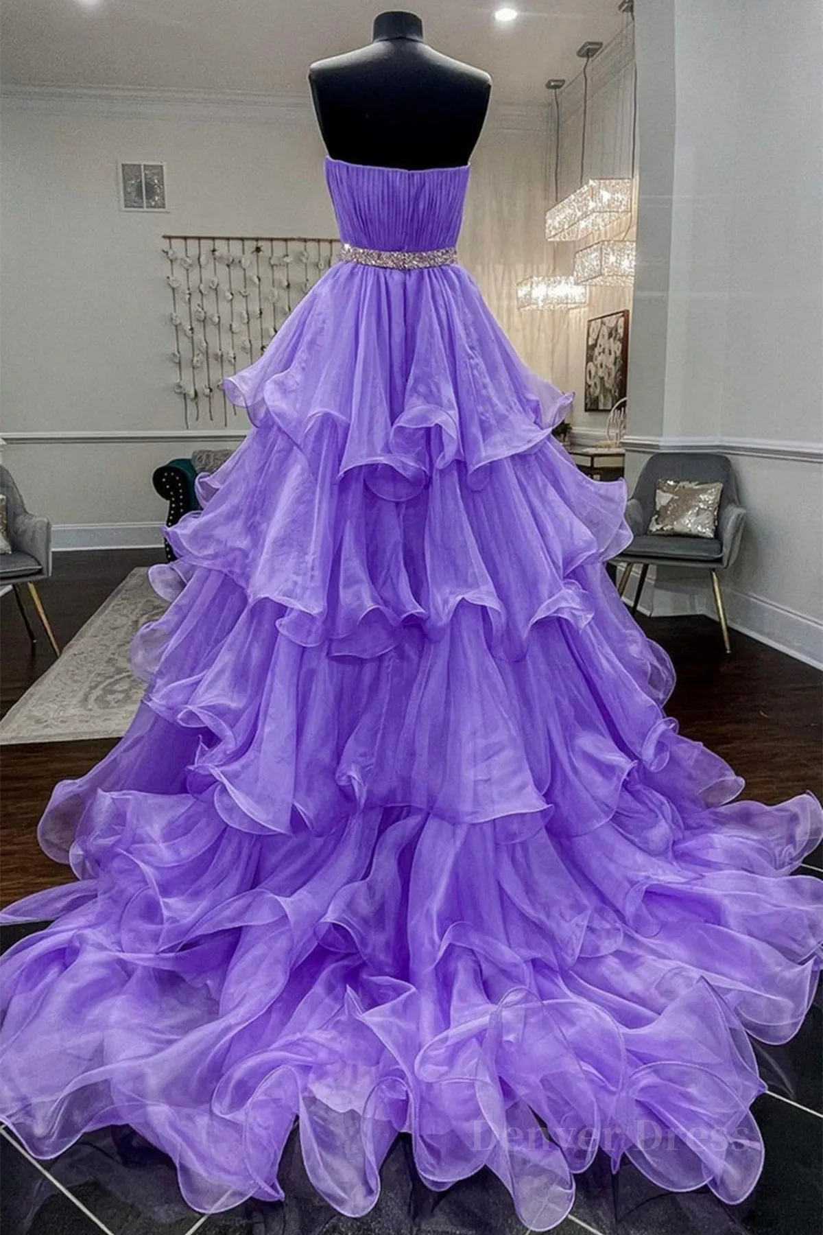Gorgeous Strapless Layered Purple Tulle Long Prom Dresses with Belt Purple Formal Evening Dresses Purple Ball Gown