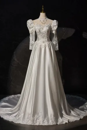 Gorgeous Vintage Satin Long Sleeves Appliques Wedding Dresses