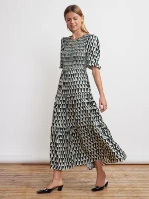 Gracie Shirred Green Tile Print Dress