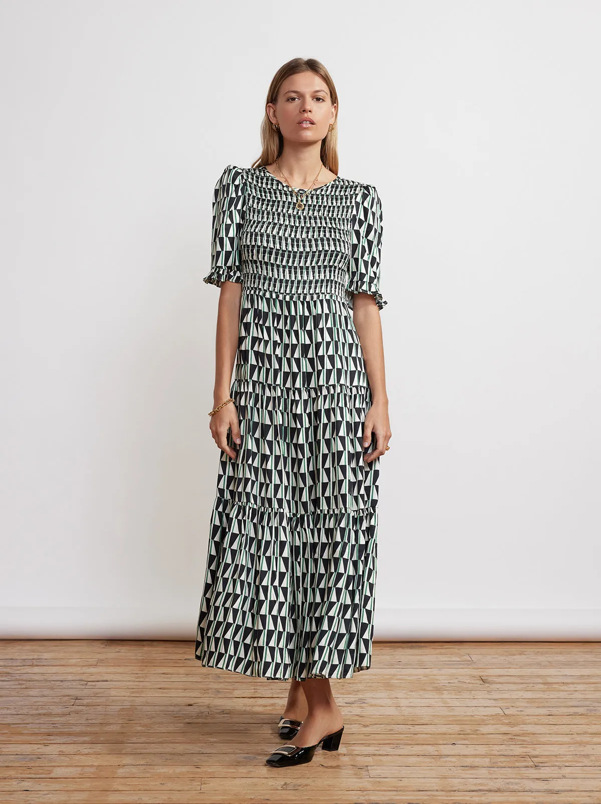 Gracie Shirred Green Tile Print Dress