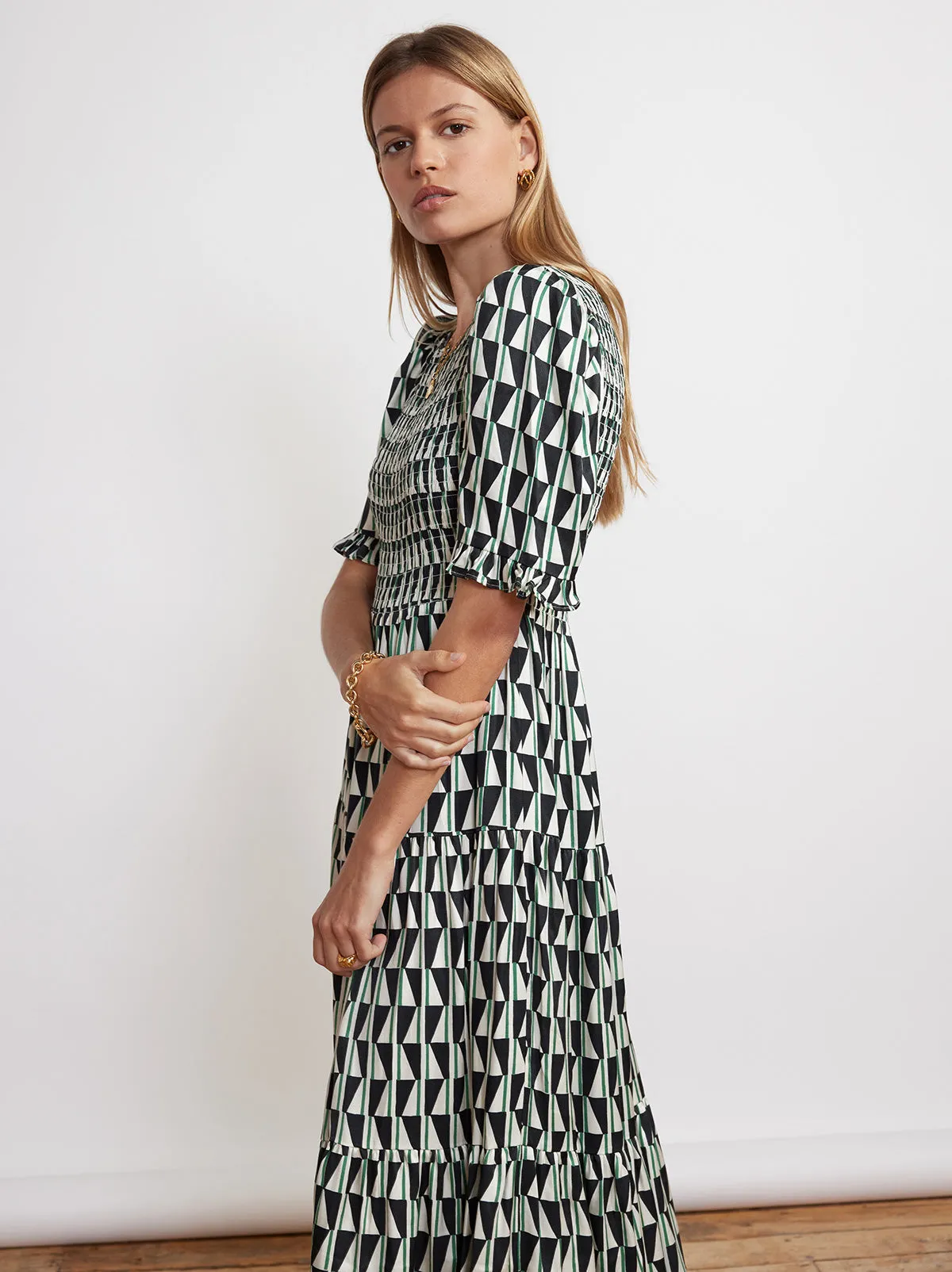 Gracie Shirred Green Tile Print Dress
