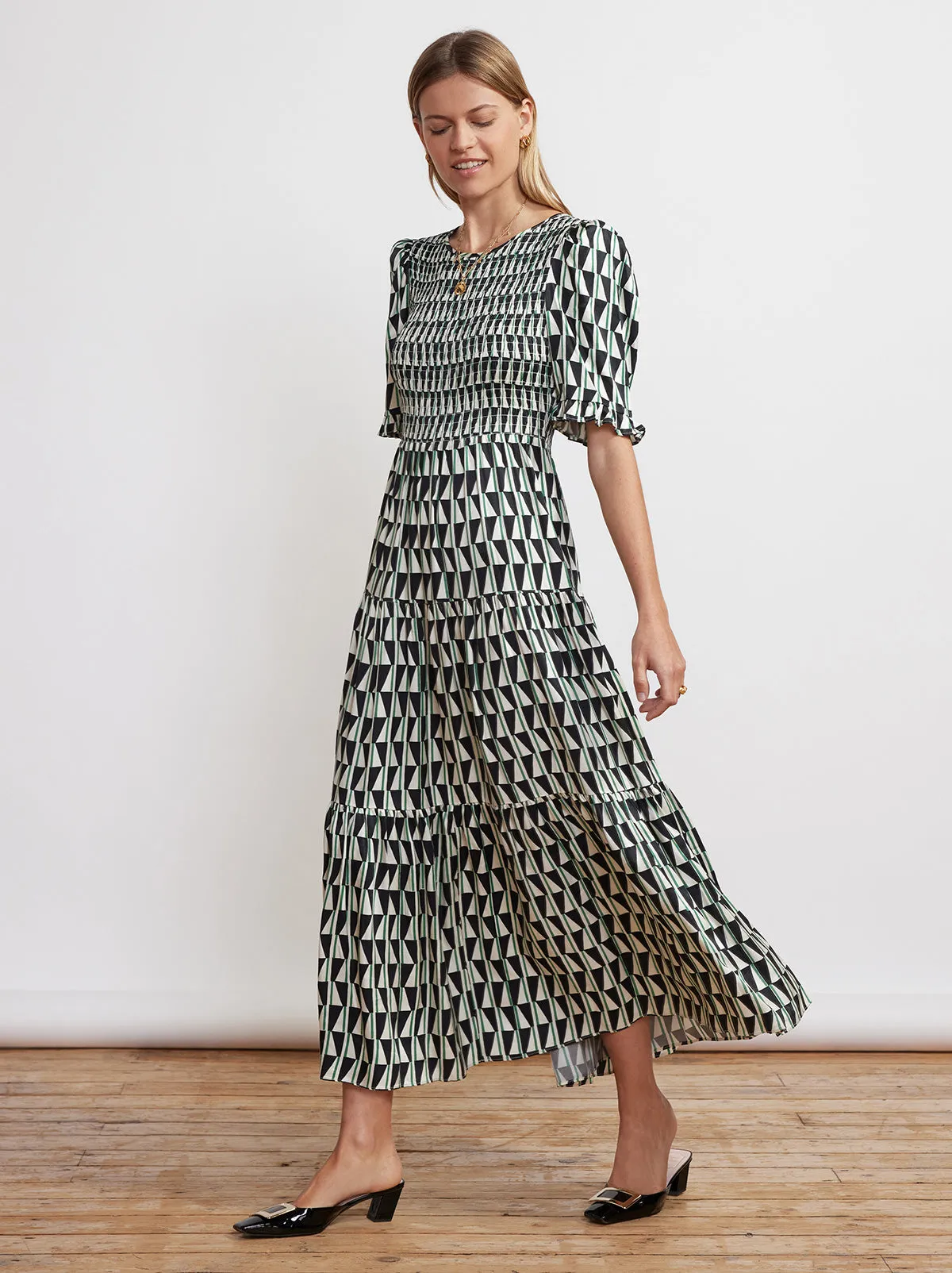 Gracie Shirred Green Tile Print Dress