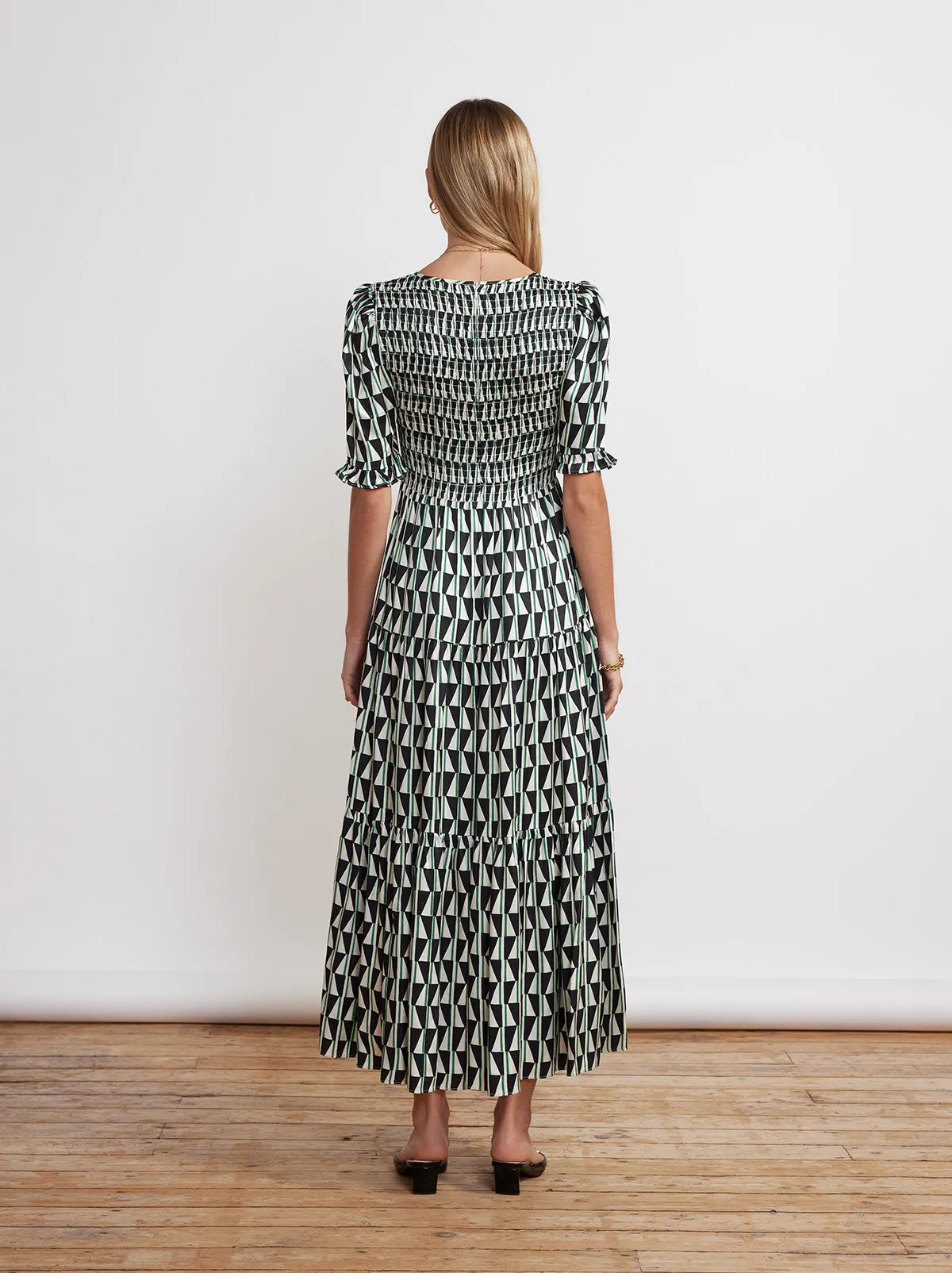 Gracie Shirred Green Tile Print Dress