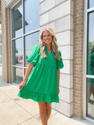 Green Puff Sleeve Babydoll Dress