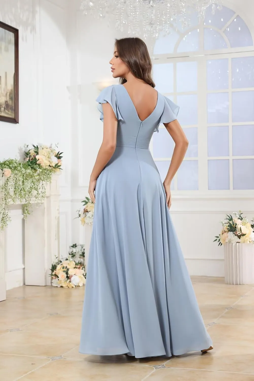 GUKARLEED Ruffled Bridesmaid Dresses Short Cap Sleeve Wrap Ruched Split V Neck Wedding Guest Dress Long Chiffon Formal Dress