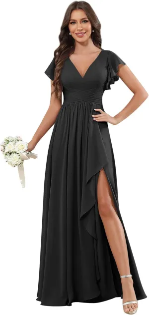 GUKARLEED Ruffled Bridesmaid Dresses Short Cap Sleeve Wrap Ruched Split V Neck Wedding Guest Dress Long Chiffon Formal Dress