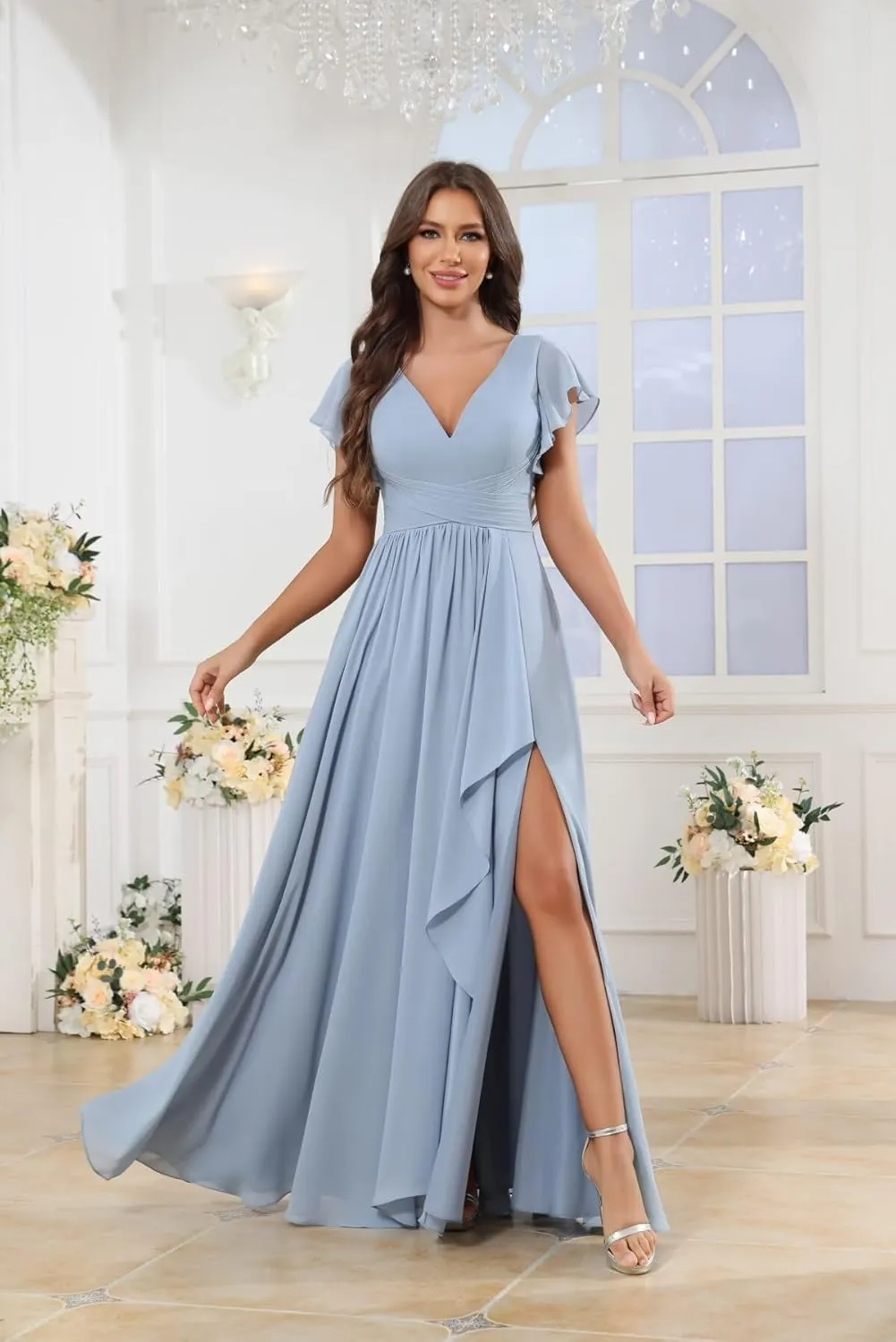 GUKARLEED Ruffled Bridesmaid Dresses Short Cap Sleeve Wrap Ruched Split V Neck Wedding Guest Dress Long Chiffon Formal Dress