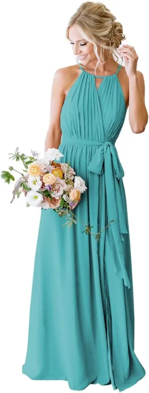 Halter Chiffon Bridesmaid Dresses for Women Pleated A Line Formal Dress Evening Party Gowns with Pockets