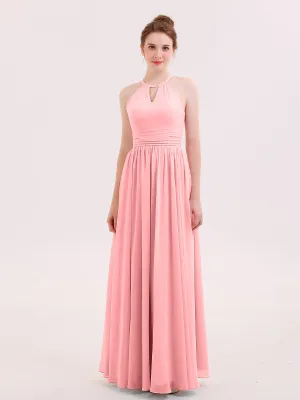 Halter Long Chiffon Dress of Bridesmaids Flamingo