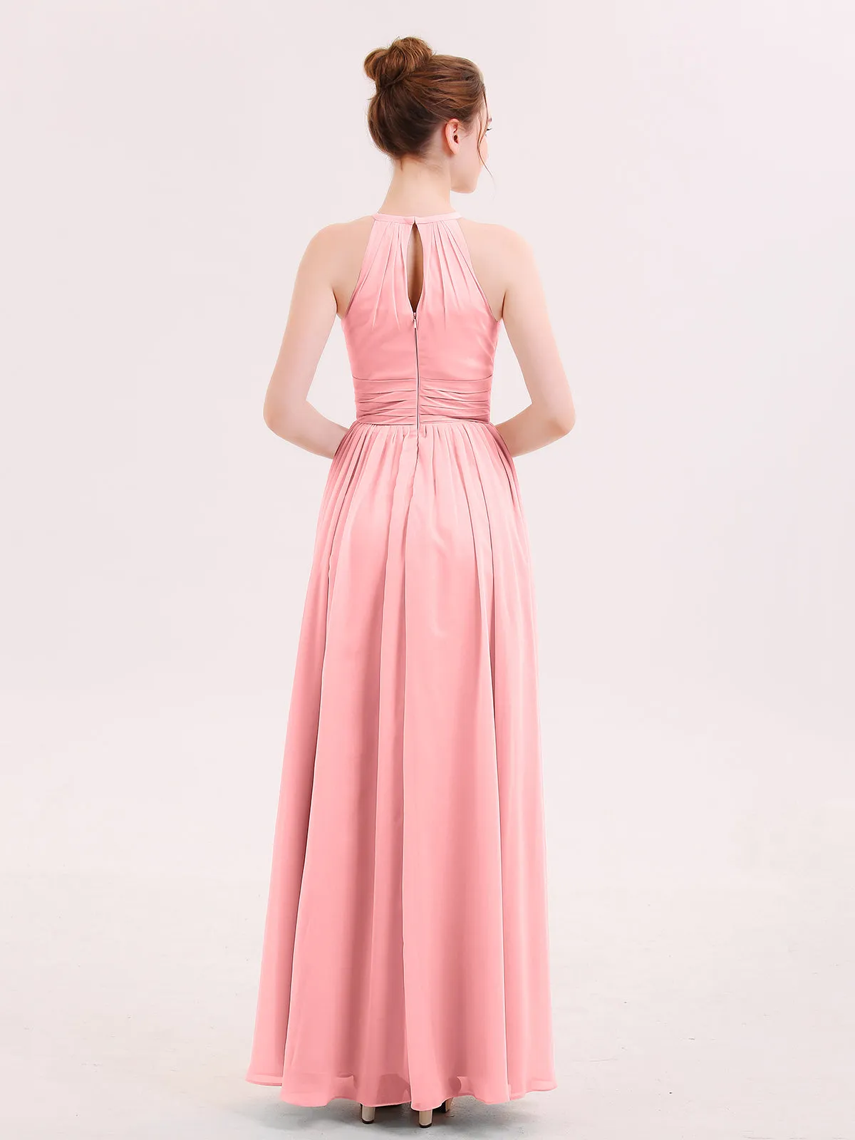 Halter Long Chiffon Dress of Bridesmaids Flamingo