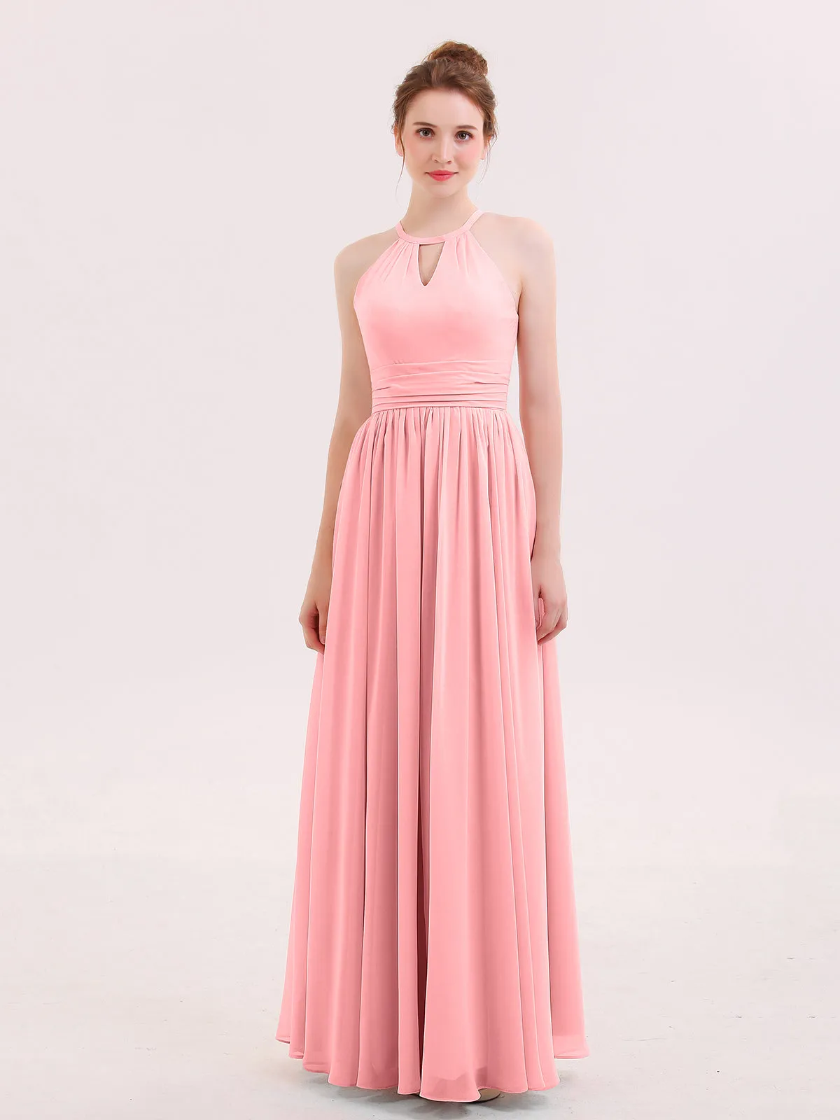 Halter Long Chiffon Dress of Bridesmaids Flamingo