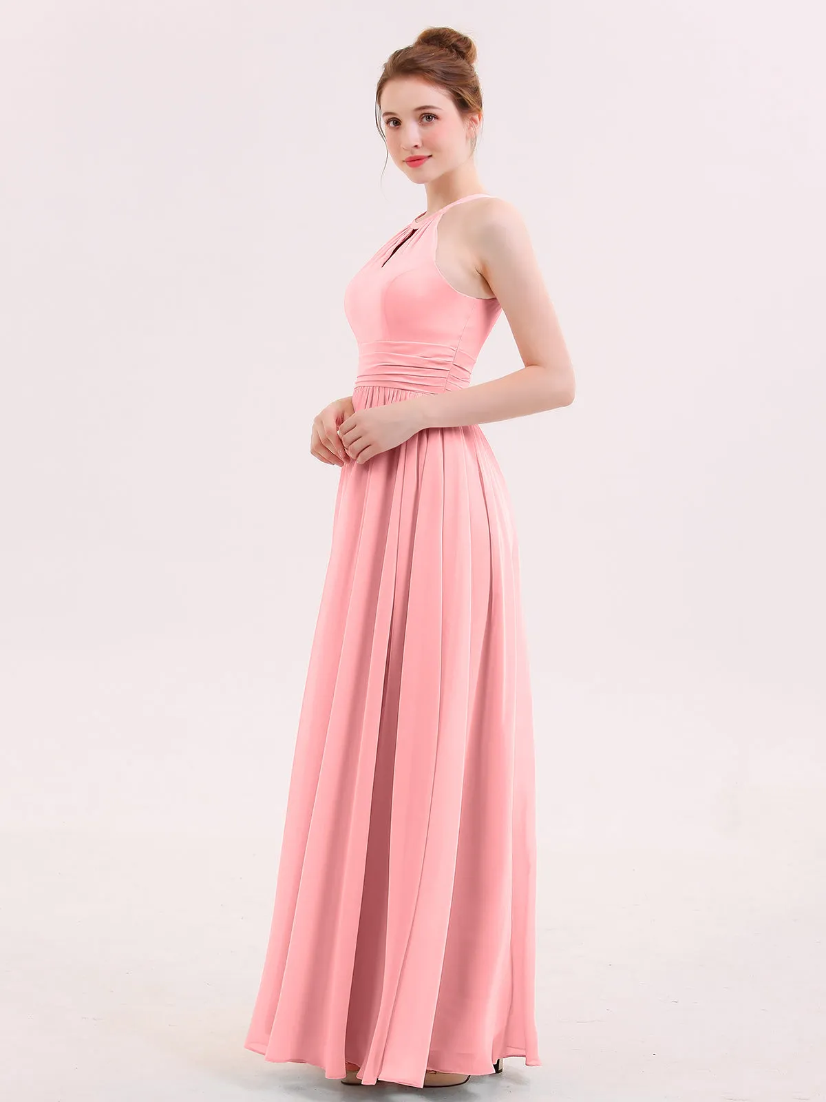 Halter Long Chiffon Dress of Bridesmaids Flamingo