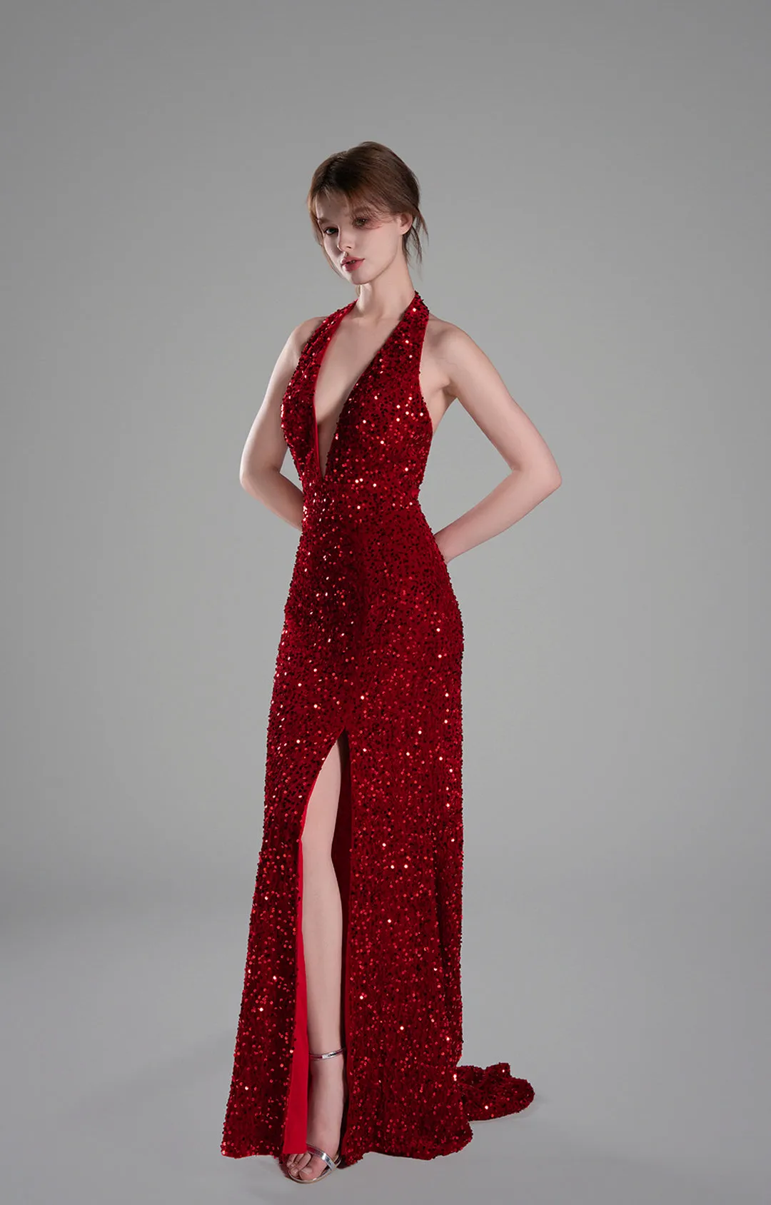 Halter-Neck Plunging Cut Open Back Sequins Slit Dresses