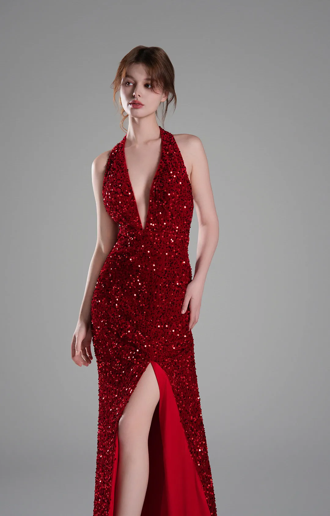 Halter-Neck Plunging Cut Open Back Sequins Slit Dresses
