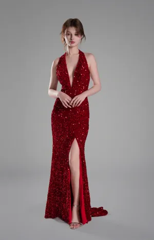 Halter-Neck Plunging Cut Open Back Sequins Slit Dresses