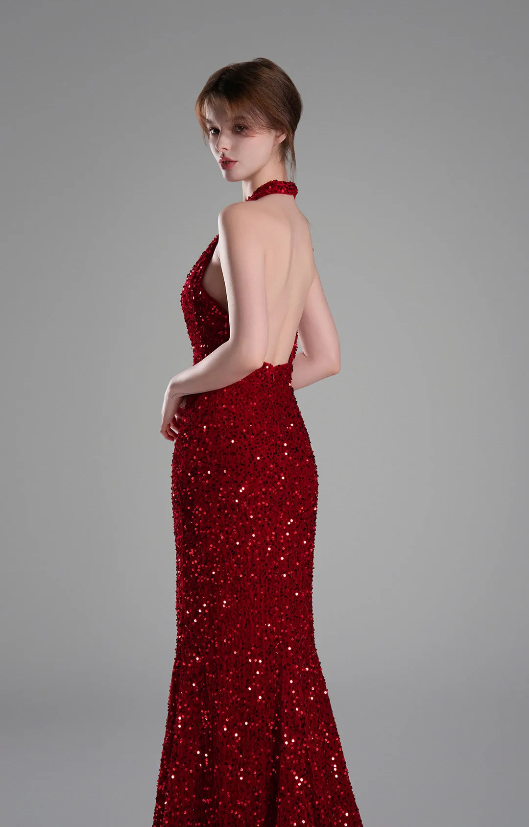 Halter-Neck Plunging Cut Open Back Sequins Slit Dresses