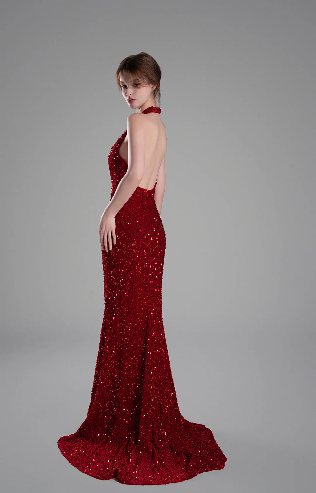Halter-Neck Plunging Cut Open Back Sequins Slit Dresses