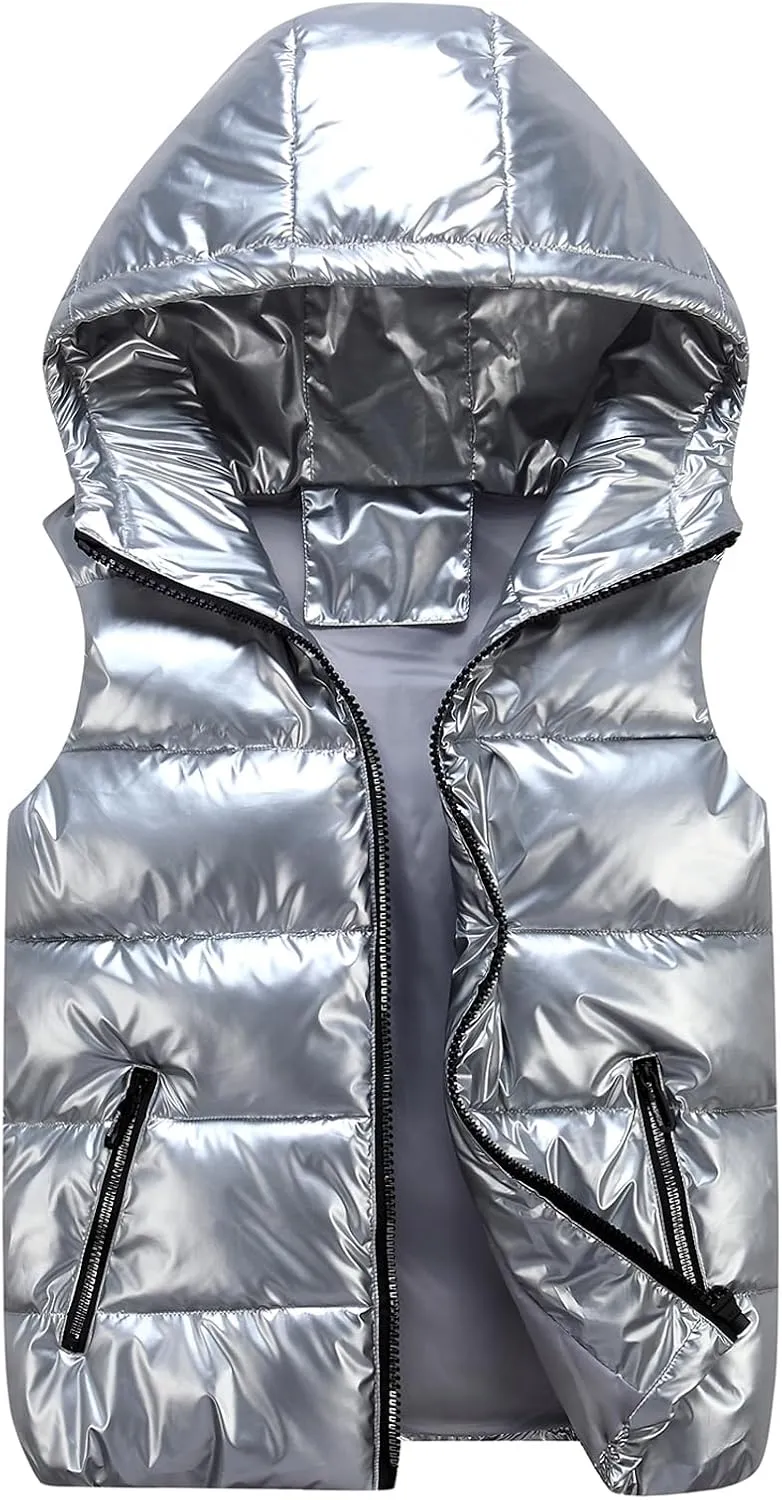 Happy Cherry Boys Shiny Quilted Vest, Teens Hooded Vest Zipper Sleeveless Jacket