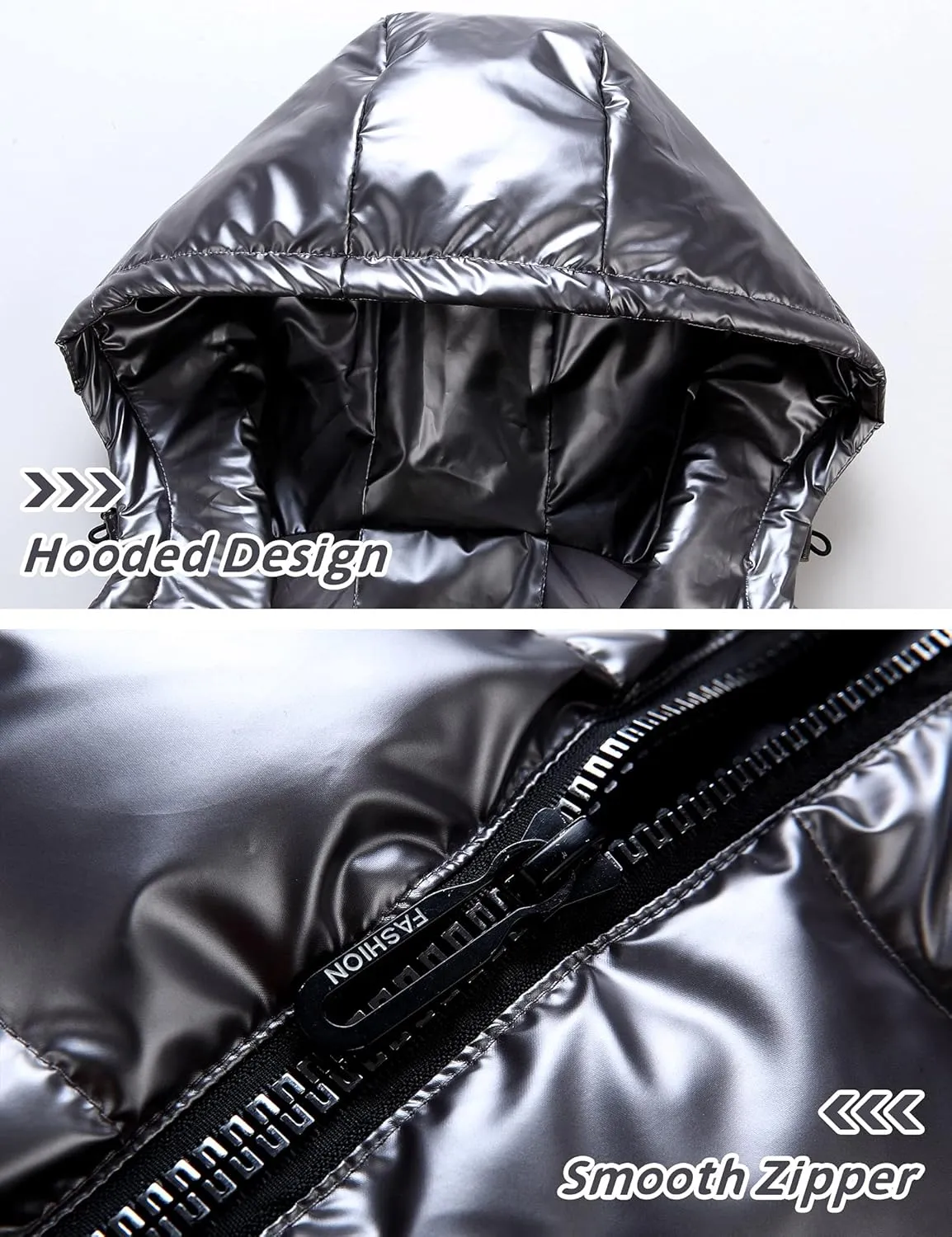Happy Cherry Boys Shiny Quilted Vest, Teens Hooded Vest Zipper Sleeveless Jacket