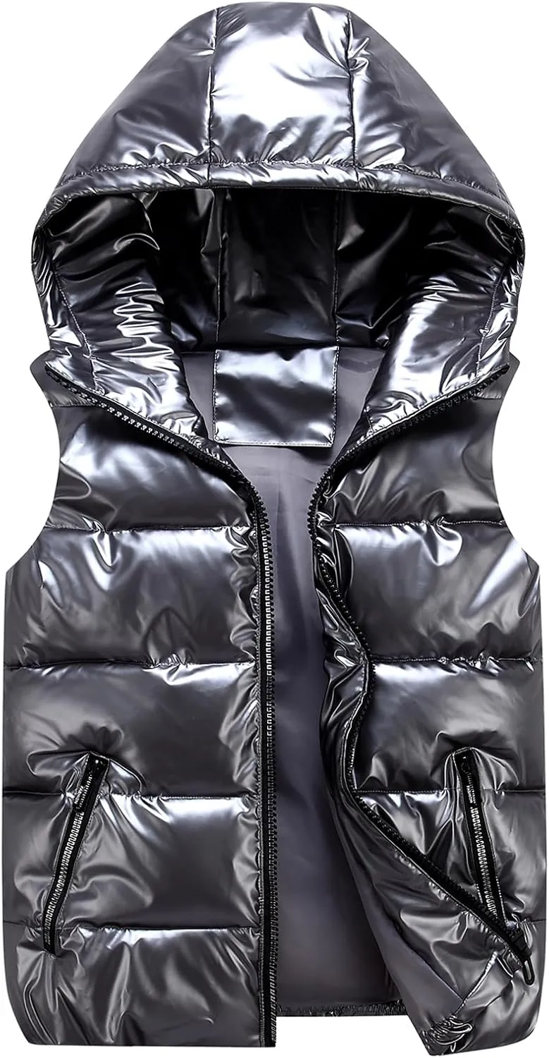Happy Cherry Boys Shiny Quilted Vest, Teens Hooded Vest Zipper Sleeveless Jacket