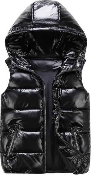 Happy Cherry Boys Shiny Quilted Vest, Teens Hooded Vest Zipper Sleeveless Jacket